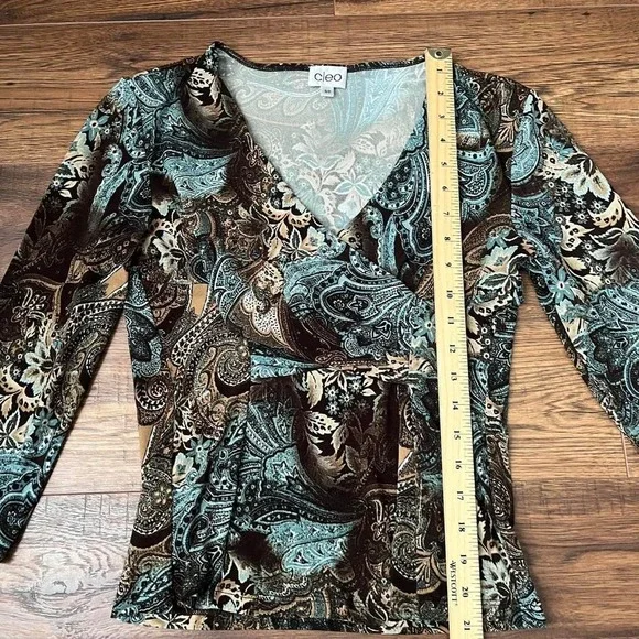 Cleo Y2K Paisley Wrap Top Brown Teal Floral Print 3/4 Sleeve Stretch Blouse S - Picture 2 of 6